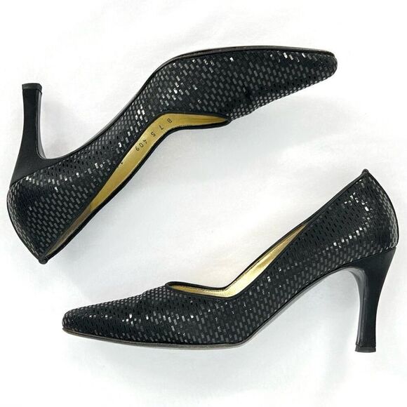 St. John Black Satin Paillettes Made in Italy Pointed Toe Narrow Heel Pumps 7B - Picture 5 of 13